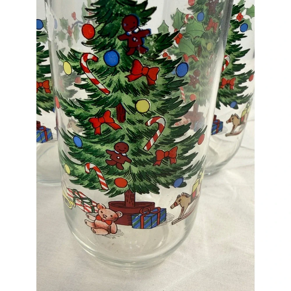 Vintage Christmas Tree Highball Glasses Set of 3 Holiday Holly Berry Tumblers